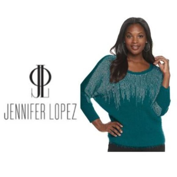 Jennifer Lopez Womens Teal Metallic Scoop Neck Soft Knit Sweater Sz M New - Picture 10 of 11